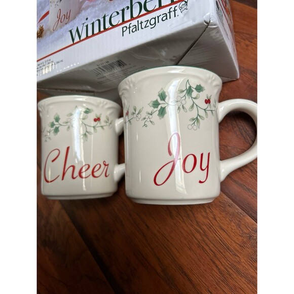 Pfaltzgraff Mugs WINTERBERRY Set of 2 Cheer Joy New in Gift Box - Picture 3 of 5